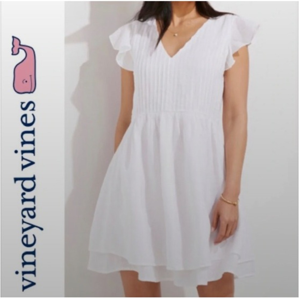 Vineyard Vines White 100% Linen Flutter Sleeve Pintuck Mini Dress Medium